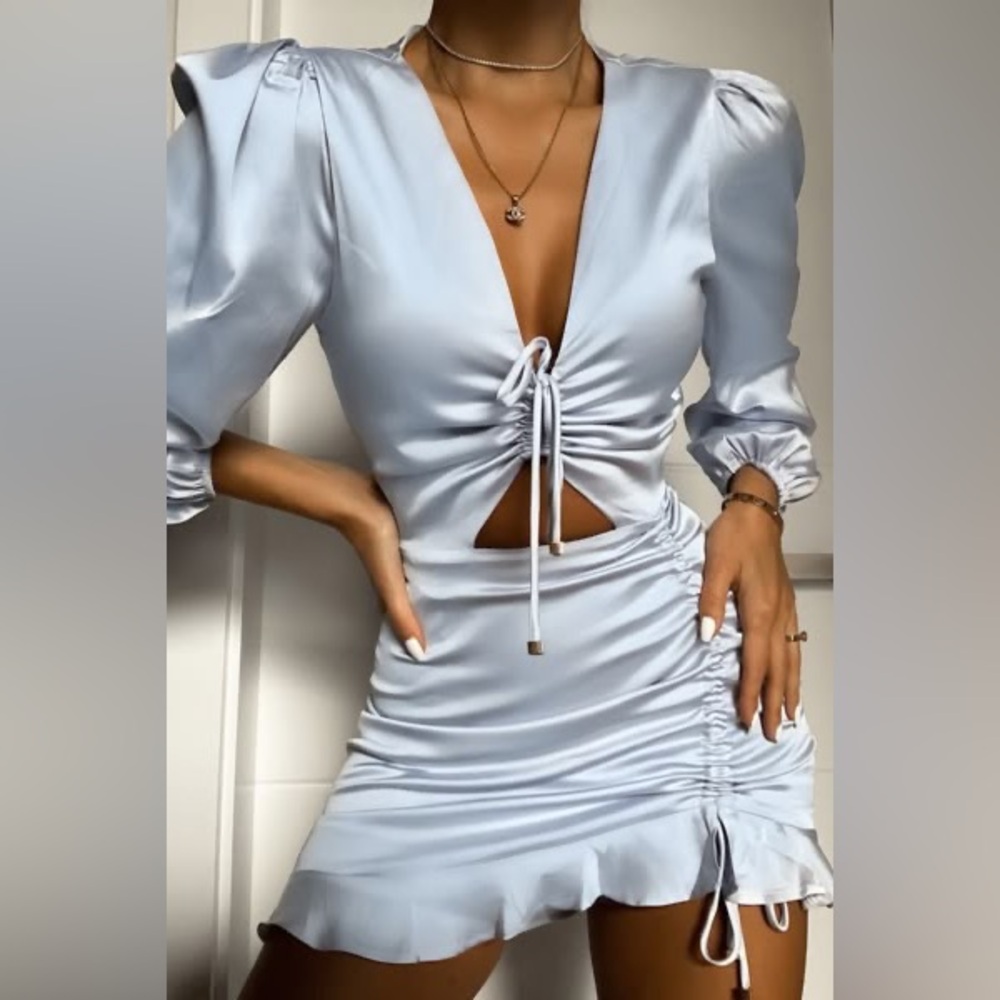 Runaway The Label Blue Satin Cutout Ruched Dress